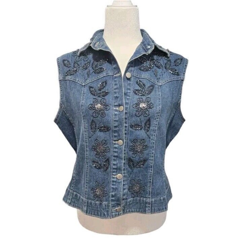 FLASHBACK Blue Denim Strech Vest Brass Buttons Bugle Beaded Size Medium